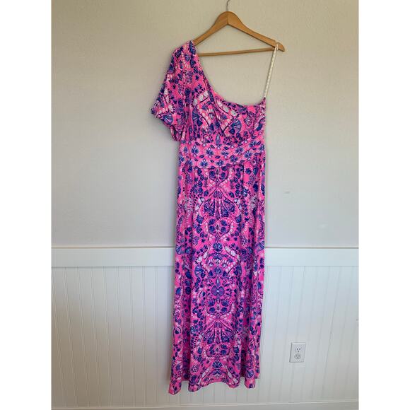 Lilly Pulitzer Solana One-Shoulder Maxi Dress Havana Pink Turtle Tidepool XL - Picture 7 of 10